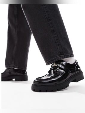ASOS Black Patent Leather Lug Sole Slip-On Loafers Size 12